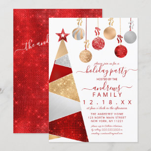 Red Gold Silver Glitter Tree Ornaments Holiday Invitation