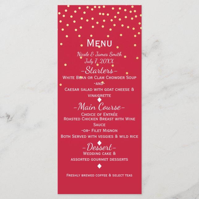 Red & Gold Small Gold Confetti Dots Holiday Menu (Front)