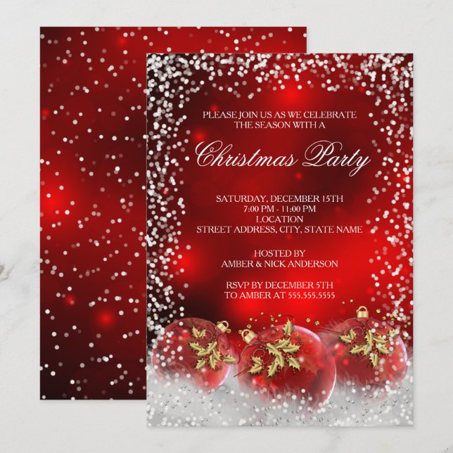 Red Gold Snow Bauble Christmas Holiday Party Invitation (Front/Back)