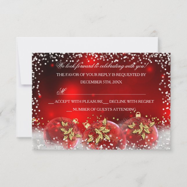 Red Gold Snow Bauble Christmas Party RSVP (Front)