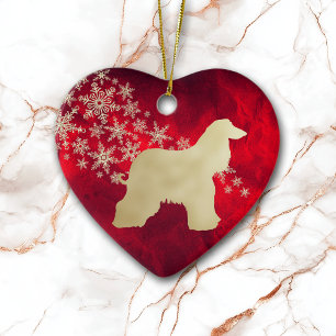 Red Gold Snowflake Afghan Hound Ceramic Tree Decoration