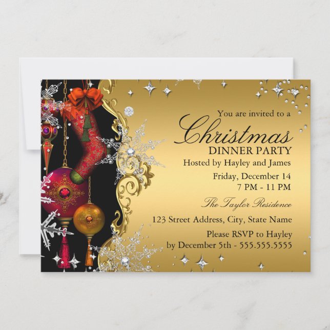 Red Gold Snowflake Christmas Dinner Party 4a Invitation (Front)