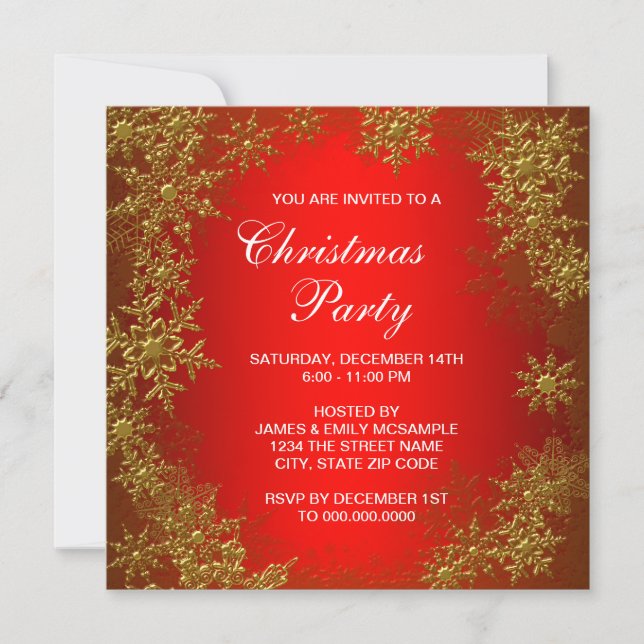 Red Gold Snowflake Christmas Party Invitation (Front)