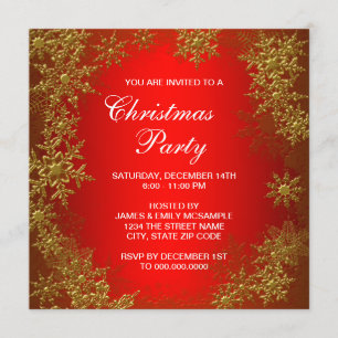 Red Gold Snowflake Christmas Party Invitation