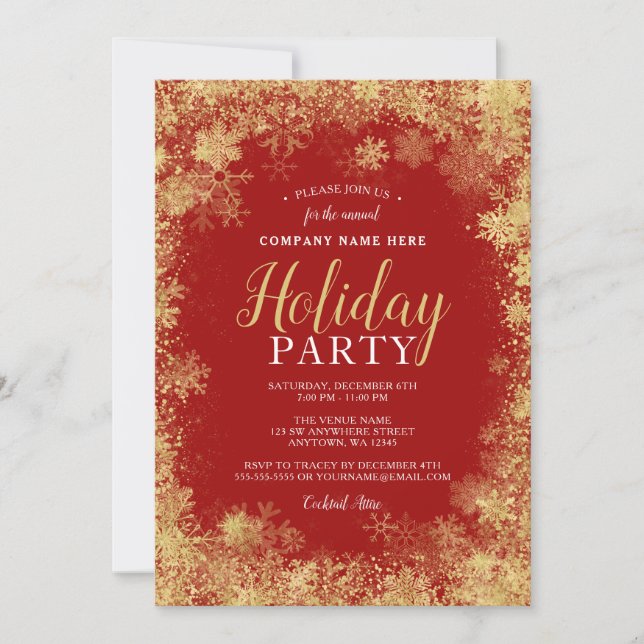 Red Gold Snowflake Corporate Holiday Party Invitation (Front)