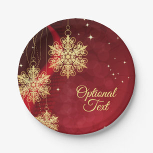 Red & Gold Snowflake Filigree Custom Christmas Paper Plate