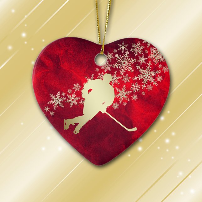 Red Gold Snowflake Hockey Player Personalised Ceramic Tree Decoration (Creator Uploaded)