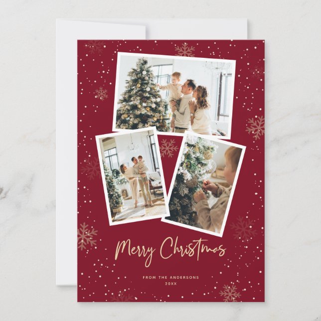 Red Gold Snowflake Merry Christmas Photo Cards (Front)