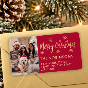 Red Gold Snowflake Photo Christmas Return Address Label