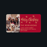 Red Gold Snowflake Photo Christmas Return Address Label<br><div class="desc">Modern Red and Gold Snowflake Photo Merry Christmas Script Holiday Christmas Return Address Labels. Features a „Merry Christmas” script,  one family photo,  snowflakes on red background. Great for Christmas holiday season,  easy to personalise them with your names and return address info.</div>