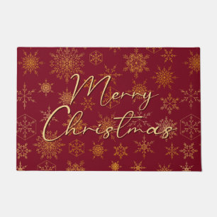 Red Gold Snowflake Print Vintage Elegant Christmas Doormat