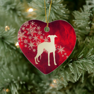 Red Gold Snowflake Whippet Dog Ceramic Tree Decoration