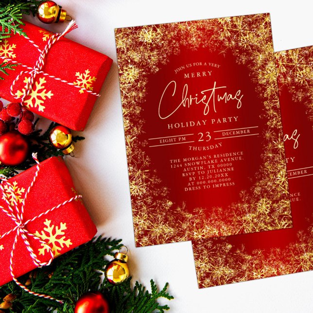 Red & Gold Snowflakes Christmas Holiday Party Invitation (Creator Uploaded)