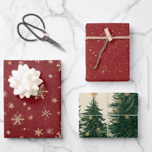 Red Gold Snowflakes Christmas Trees Wrapping Paper Sheet