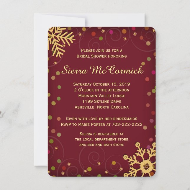 Red Gold Snowflakes Holiday Bridal Shower Invitation (Front)