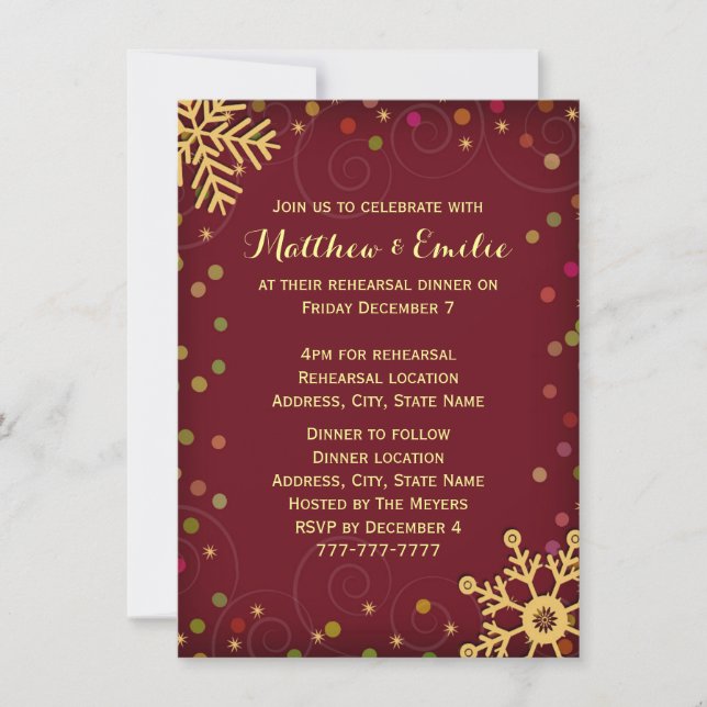 Red Gold Snowflakes Holiday Rehearsal Dinner Invitation (Front)