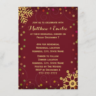 Red Gold Snowflakes Holiday Rehearsal Dinner Invitation