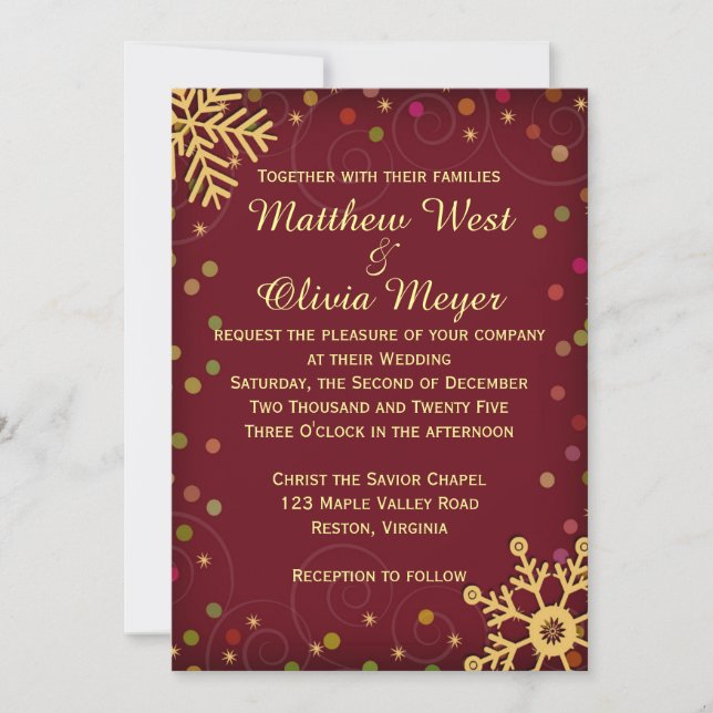 Red Gold Snowflakes Holiday Wedding Invitation (Front)