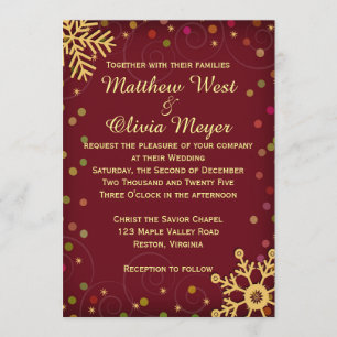 Red Gold Snowflakes Holiday Wedding Invitation