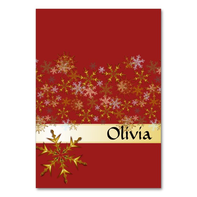 Red Gold Snowflakes Tented Holiday Place Cards (Front)