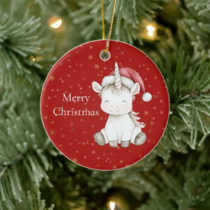 Red Gold Snowflakes Unicorn Christmas Ceramic Tree Decoration