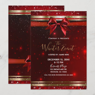 Red & Gold Sparkle Chic Bow Elegant Holiday Event Invitation