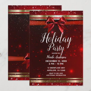 Red & Gold Sparkle Chic Bow Elegant Holiday Party Invitation
