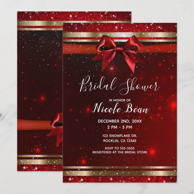 Red & Gold Sparkle Chic Bow Holiday Bridal Shower Invitation (Front/Back)