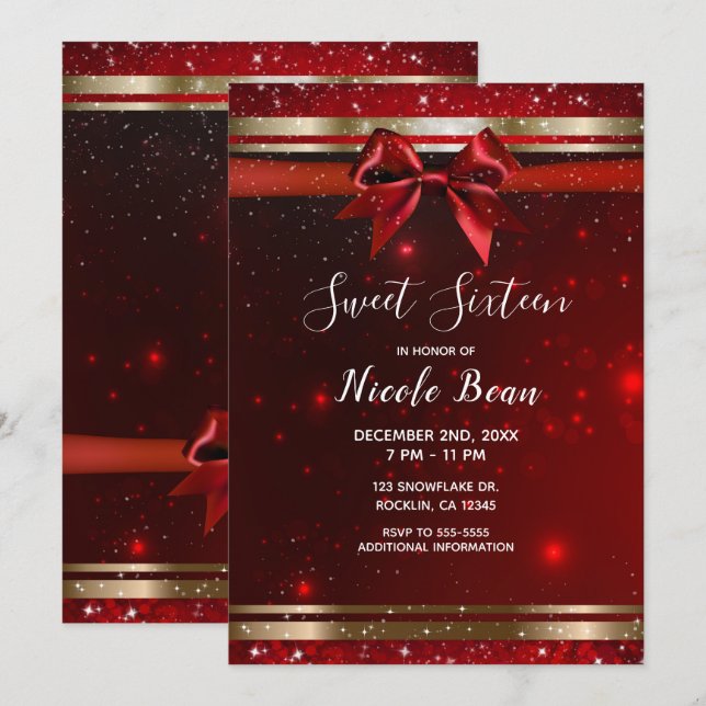 Red & Gold Sparkle Chic Bow Holiday Sweet 16 Invitation (Front/Back)