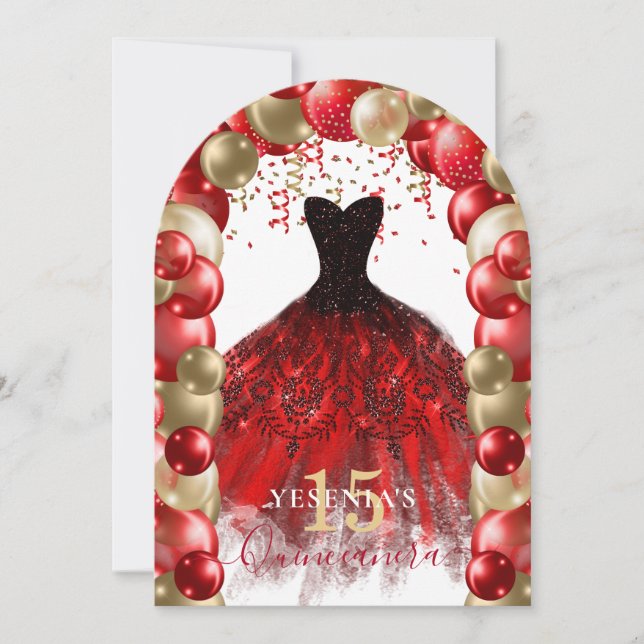 Red Gold Sparkle Dress Quinceañera Balloon Arch Invitation (Front)