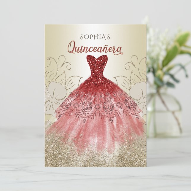 Red Gold Sparkle Dress Quinceañera Quince Invitation (Standing Front)