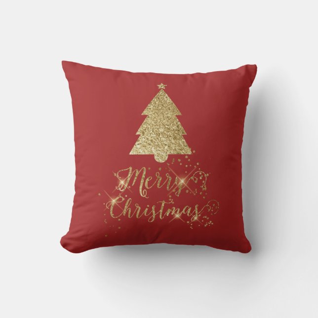 Red Gold Sparkle Merry Christmas Tree Cushion (Front)