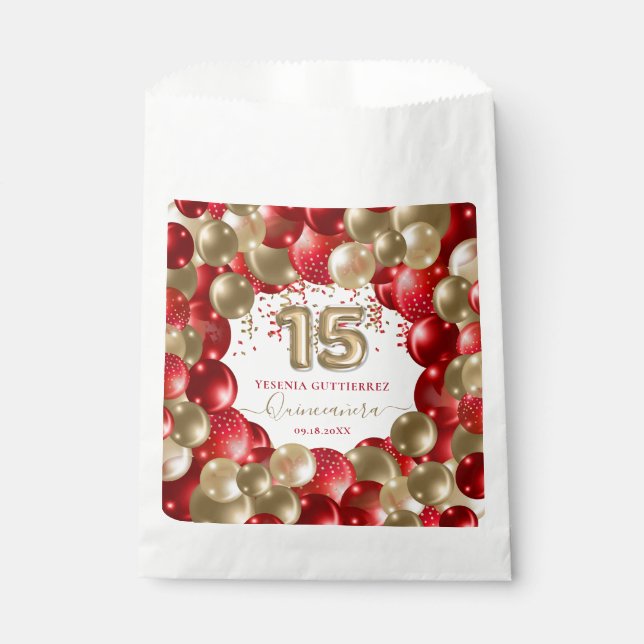 Red Gold Sparkle Quinceañera Balloon Favour Bags (Front)