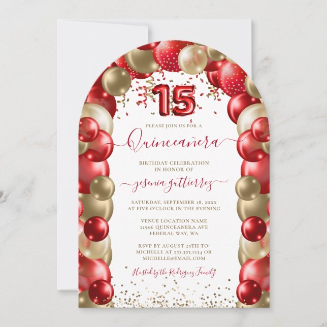  Red Gold Sparkle Quinceañera Balloon Invitation (Front)