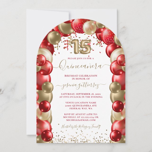  Red Gold Sparkle Quinceañera Balloon Photo Invitation (Front)