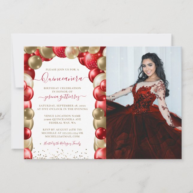  Red Gold Sparkle Quinceañera Balloon Photo Invitation (Front)