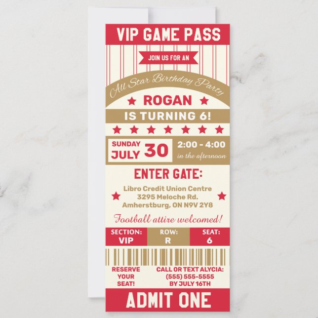 Red & Gold Sports Themed Ticket Birthday Party Invitation (Front)
