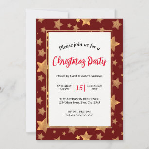 Red Gold Star Elegant Vintage Christmas Party Invitation
