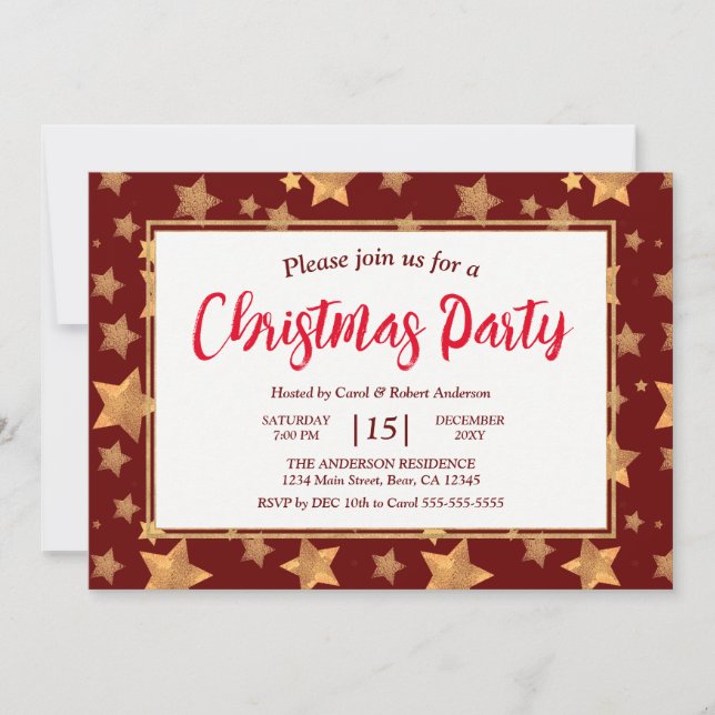 Red Gold Star Elegant Vintage Christmas Party Invitation (Front)