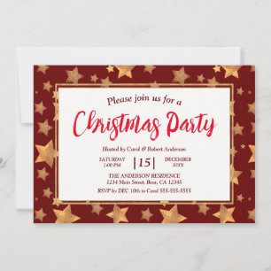 Red Gold Star Elegant Vintage Christmas Party Invitation