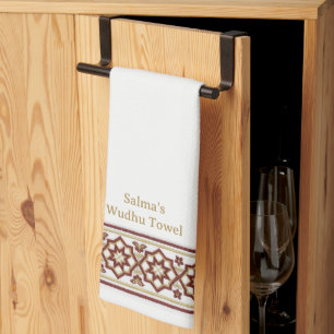 Red Gold Star Flower Border White Customised Wudhu Tea Towel