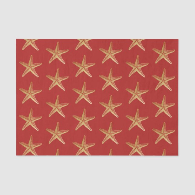Red Gold Starfish Coastal Beach Christmas Holiday Tissue Paper (Front)