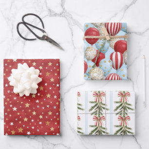 Red Gold Stars Blue Balloons Bows Christmas Wrapping Paper Sheet