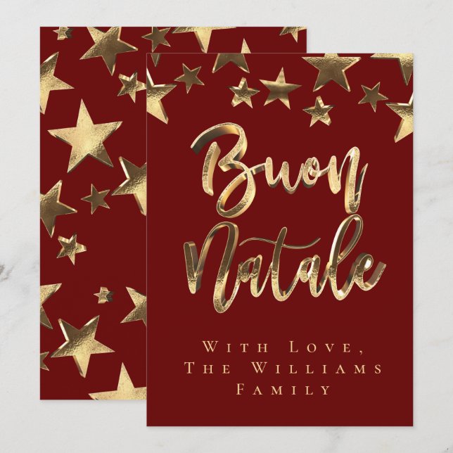 Red Gold Stars Buon Natale Italian Merry Christmas Invitation (Front/Back)