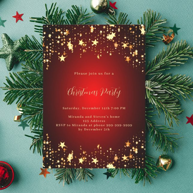 Red gold stars Christmas Party Invitation (Creator Uploaded)