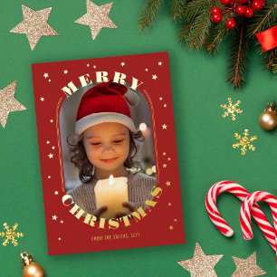 Red Gold Stars Oblong Photo Merry Christmas Foil Holiday Card