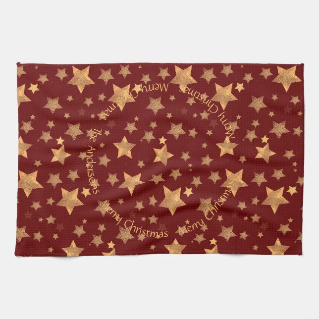 Red Gold Stars Pattern Elegant Merry Christmas Tea Towel (Horizontal)