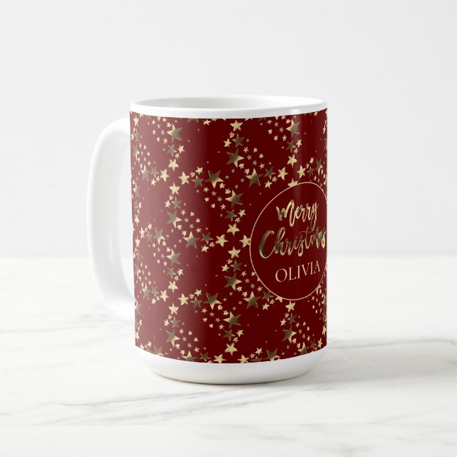 Red Gold Stars Pattern With Name Merry Christmas Coffee Mug (Front Left)