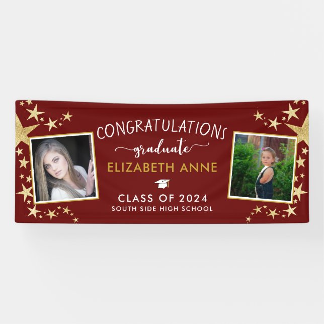 Red & Gold Stars Photo Congratulations Graduate Banner (Horizontal)