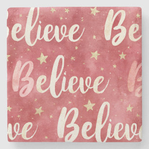 Red Gold Stars Pink White Believe Christmas Stone Coaster